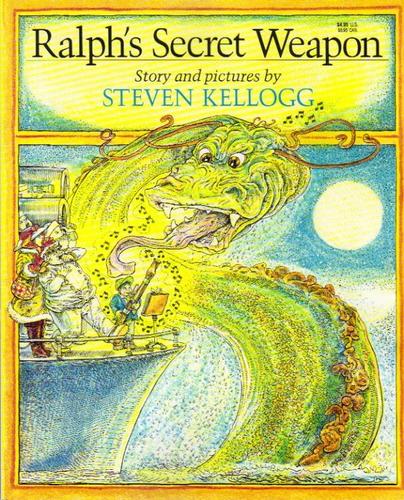 The cover of Ralph's Secret Weapon by Steven Kellogg, featuring a small young boy playing bassoon with a large green sea dragon behind him with its mouth open